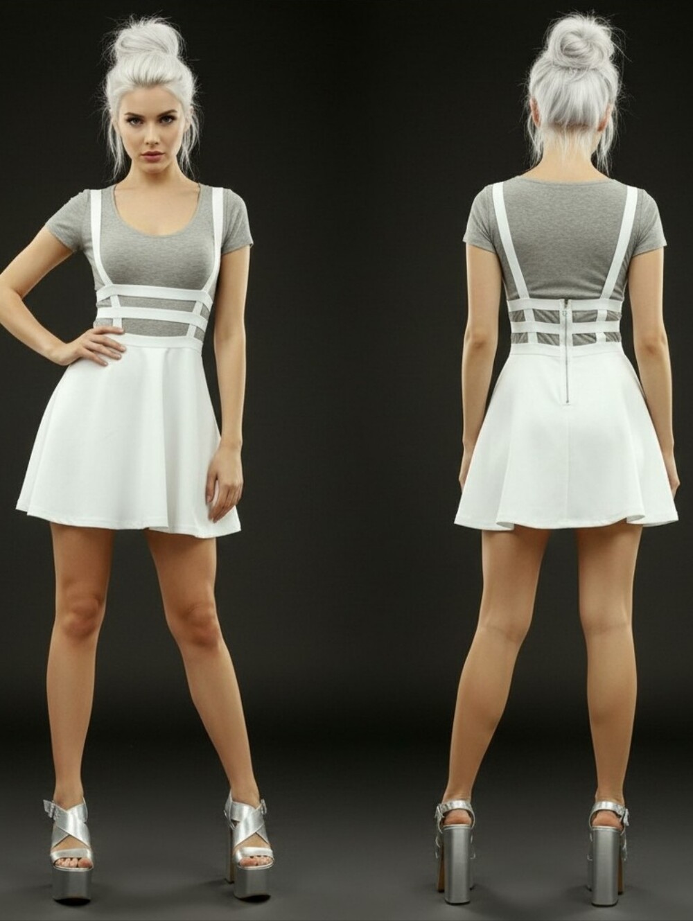 Allegra K coquette girl white cut out strappy caged suspender aline skirt XL